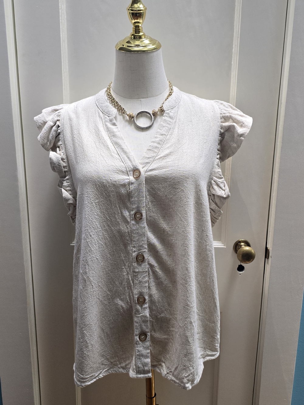 Umgee Linen Cream Button-Front Ruffle Sleeve Top - Picture 2 of 7